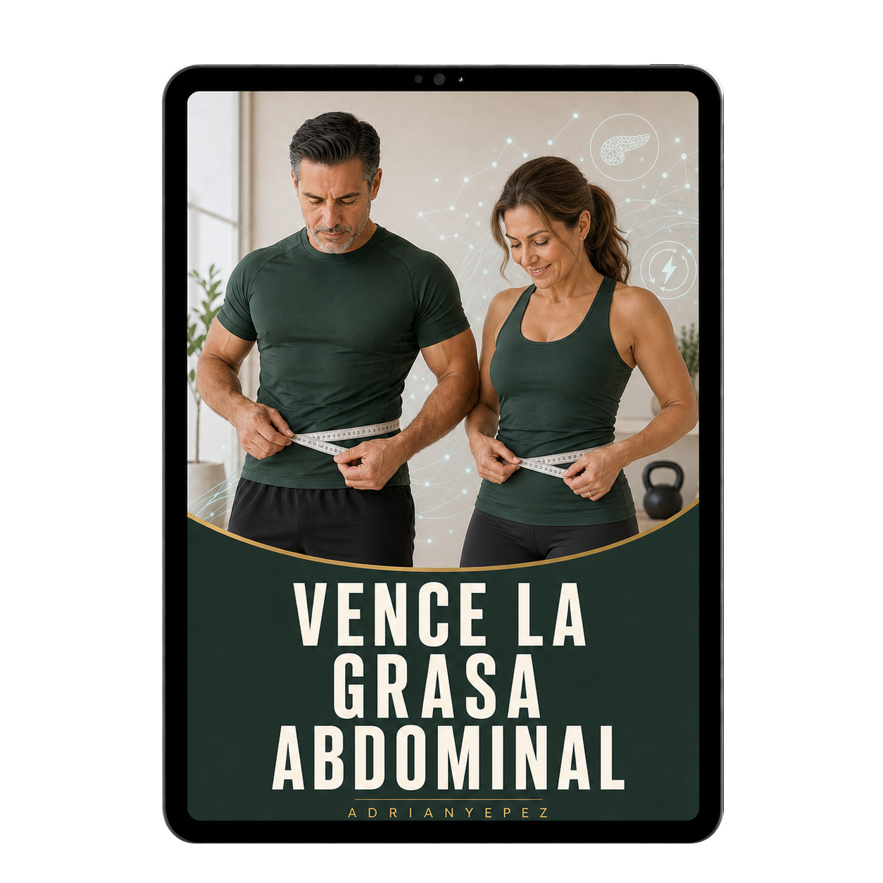 Mockup del protocolo Vence la Grasa Abdominal con un hombre y una mujer en una tablet
